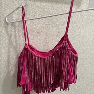 Pink Fringe Crop Top with Rhinestones